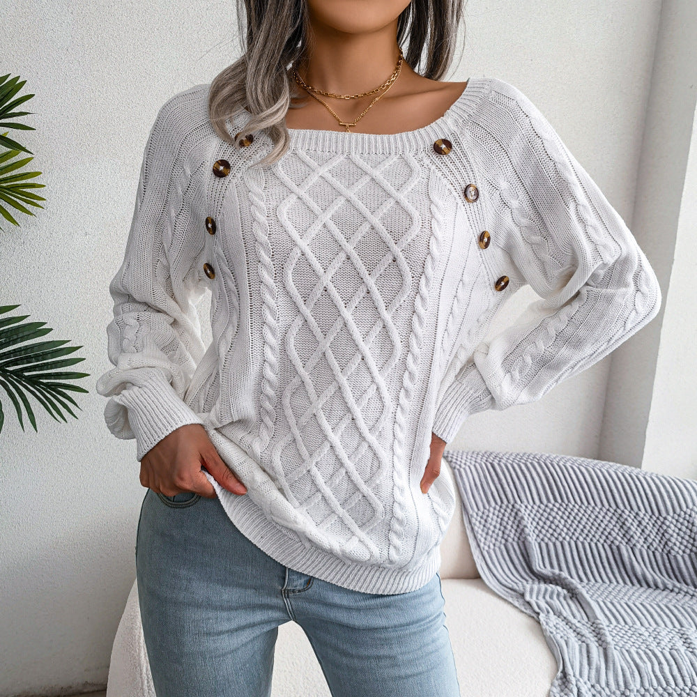 Square Neck Button Fried Dough Twist Knitting Sweater