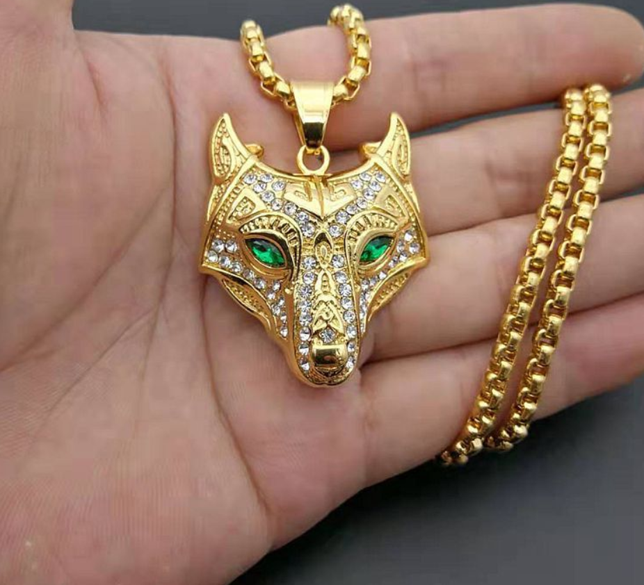 Gold Color Viking Wolf Head Necklace Pendant With Chain Iced Out Norse Talisman Ethnic Jewelry