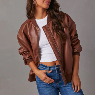 Leather Baseball Uniform Jacket Long-sleeved Motorcycle Jacket Leather Coat