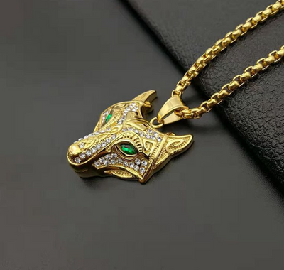 Gold Color Viking Wolf Head Necklace Pendant With Chain Iced Out Norse Talisman Ethnic Jewelry