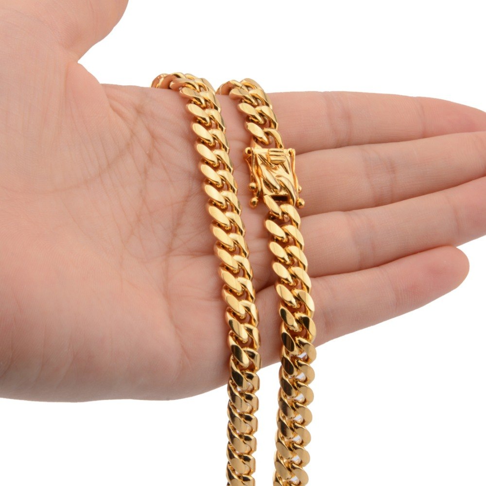 Hot Stainless Steel Link Gold Miami Cuban Border Chain Men Women Jewelry Necklace