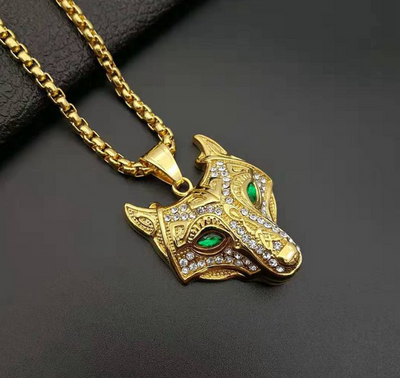 Gold Color Viking Wolf Head Necklace Pendant With Chain Iced Out Norse Talisman Ethnic Jewelry