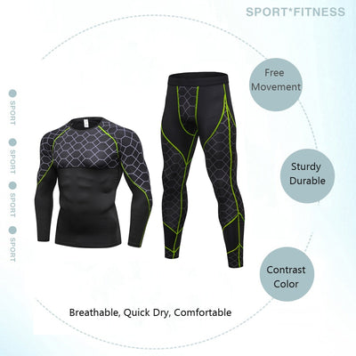 Men's Compression Run jogging Suits Grid Clothes Sports Set Long t shirt And Pants Gym Fitness workout Tights clothing 2pcs Sets