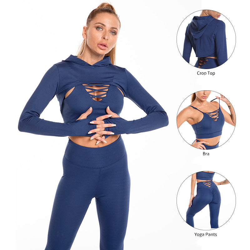 3pcs Sports Suits Long Sleeve Hooded Top Hollow Design Camisole And Butt Lifting