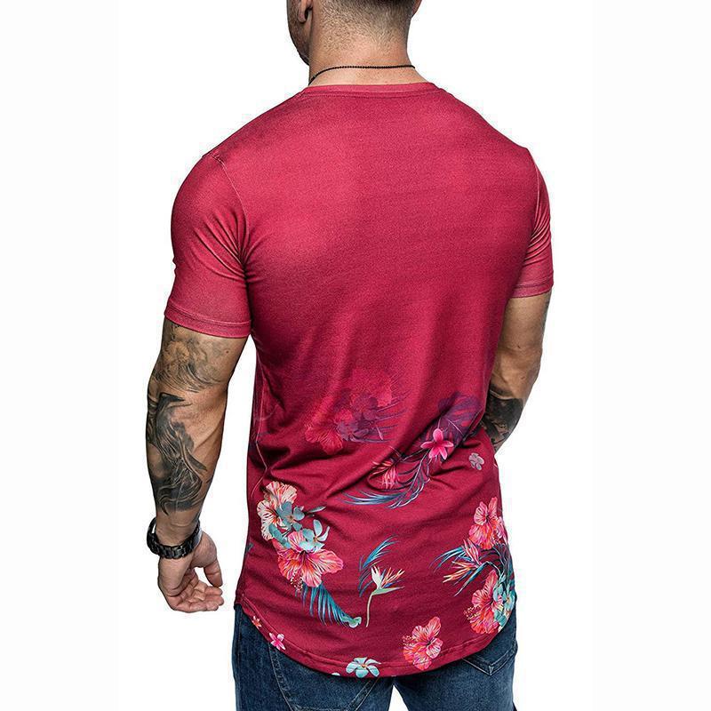 Summer Men Slim Fit Flower Print Shirt Short Sleeve T-shirt Gym Tee Club Casual Tops Plus Size