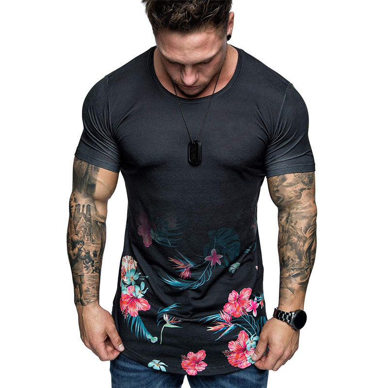 Summer Men Slim Fit Flower Print Shirt Short Sleeve T-shirt Gym Tee Club Casual Tops Plus Size