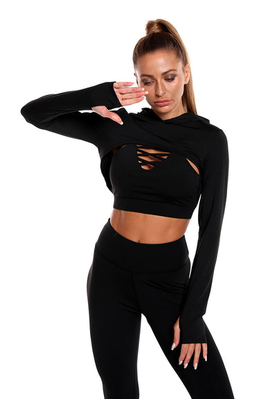 3pcs Sports Suits Long Sleeve Hooded Top Hollow Design Camisole And Butt Lifting