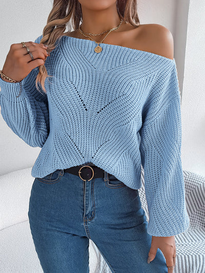 Casual Hollow-out Off-neck Off-the-shoulder Lantern Sleeve Sweater