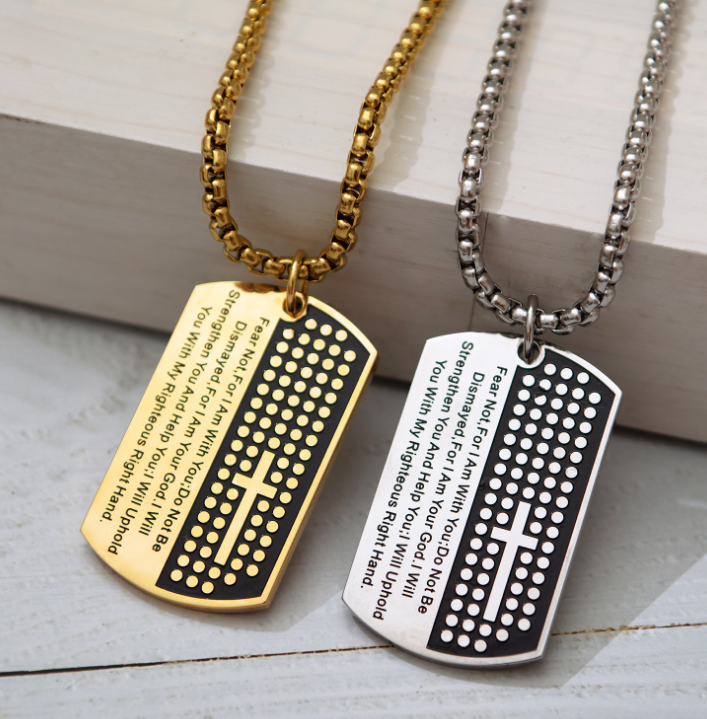 Dog Tag Cross Necklaces & Pendant Gold Color Stainless Steel Chain Bible Verse Christian