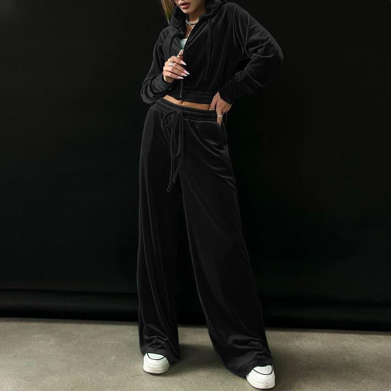 Women's Hoodie Gold Velvet Sports Casual Pants Suit