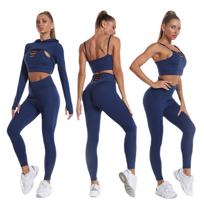 3pcs Sports Suits Long Sleeve Hooded Top Hollow Design Camisole And Butt Lifting