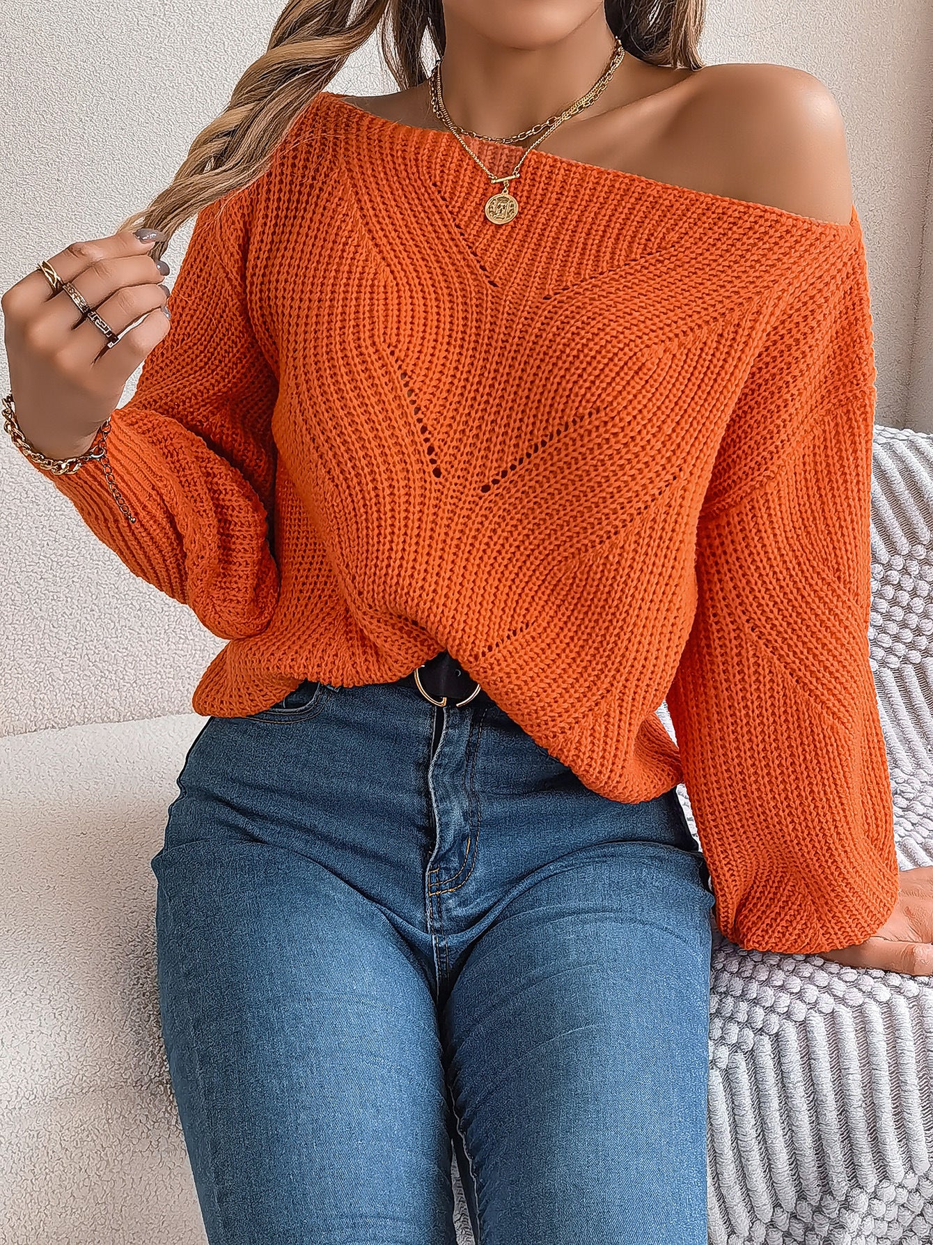 Casual Hollow-out Off-neck Off-the-shoulder Lantern Sleeve Sweater