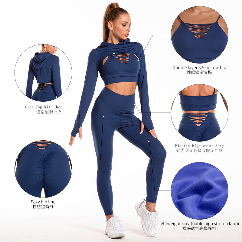 3pcs Sports Suits Long Sleeve Hooded Top Hollow Design Camisole And Butt Lifting